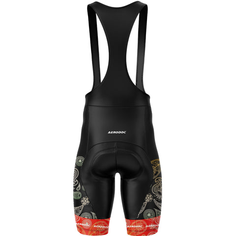 Back view of Aerodoc Karnataka bib shorts emphasizing heritage-inspired motifs and breathable design.