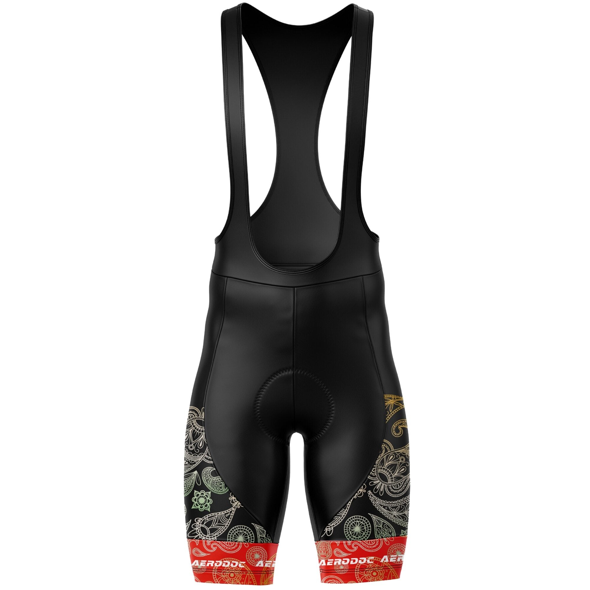 "Front view of Aerodoc Karnataka bib shorts emphasizing heritage-inspired motifs and breathable design.