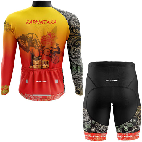 Back view of Aerodoc Karnataka full-sleeve cycling jersey with non-bib shorts showcasing the Hampi Chariot and other cultural elements.