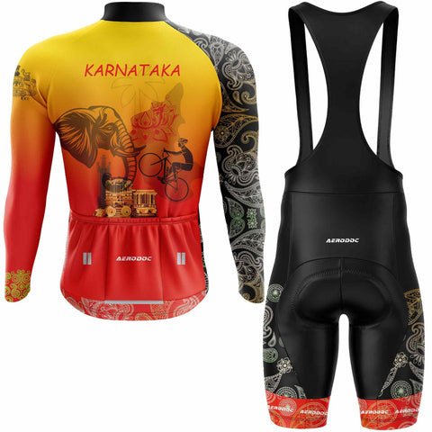 Back view of Aerodoc Karnataka full-sleeve cycling jersey with bib shorts showcasing the Hampi Chariot and other cultural elements.