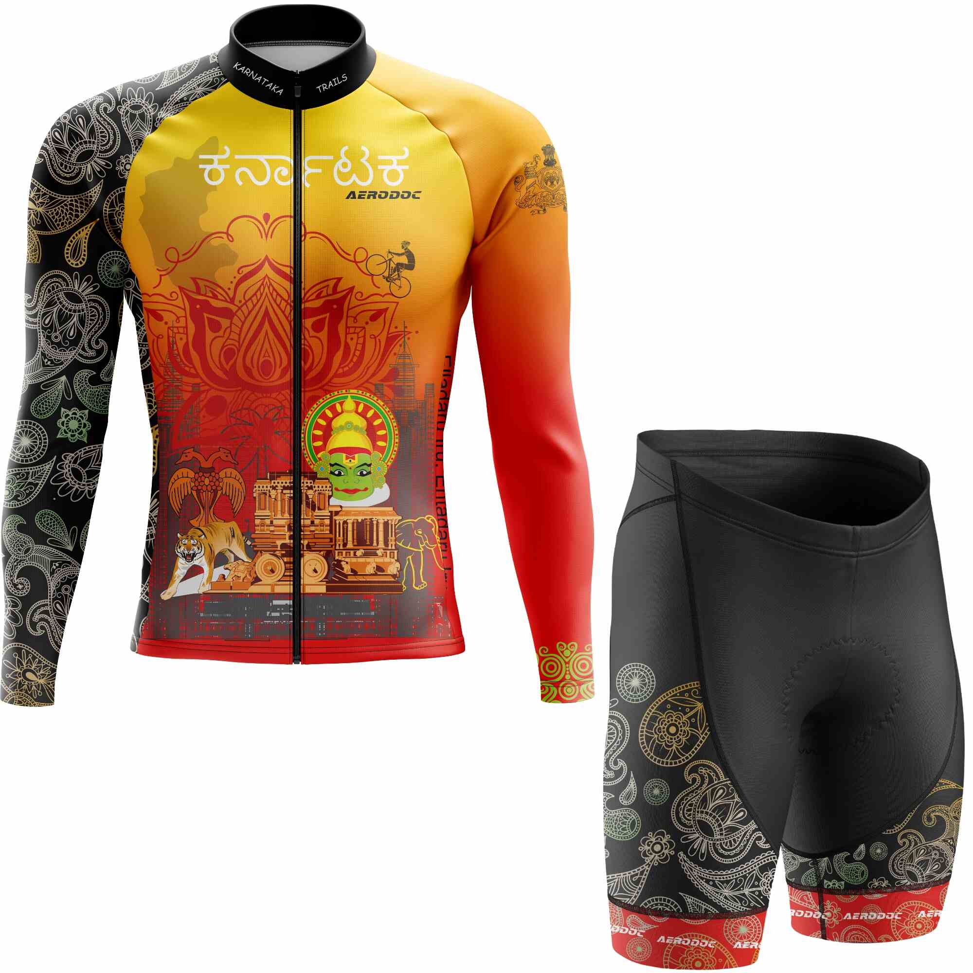 Front view of Aerodoc Karnataka full-sleeve cycling jersey paired with shorts featuring cultural motifs like the Hampi Chariot and vibrant designs.