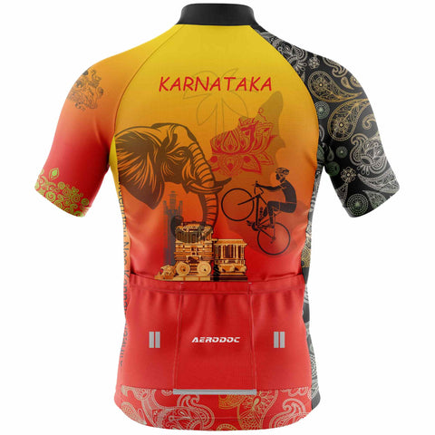 "Aerodoc Karnataka half sleeve cycling jersey  with mandala accents and cultural icons in a vibrant orange and yellow gradient.