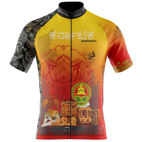 Front and back view of Aerodoc Karnataka half-sleeve cycling jersey with matching bib shorts highlighting cultural artwork