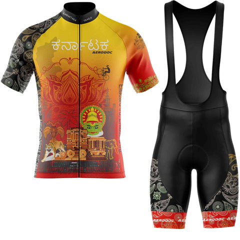 Front and back view of Aerodoc Karnataka cycling jersey and shorts with detailed cultural designs and mandala patterns