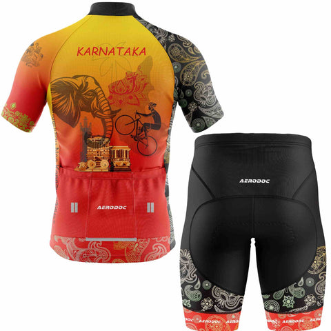 Side view of Aerodoc Karnataka cycling jersey with shorts, showcasing reflective elements and intricate cultural details