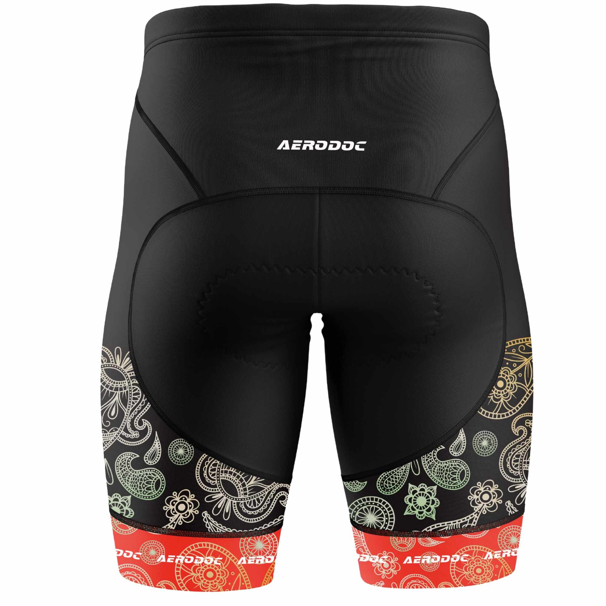 Back view of Aerodoc Karnataka cycling bib shorts paired with vibrant cultural-themed jersey highlighting reflective accents.