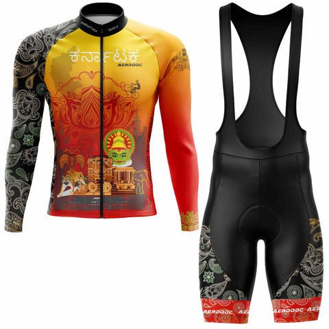 Front view of Aerodoc Karnataka full-sleeve cycling jersey paired with bib shorts featuring cultural motifs like the Hampi Chariot and vibrant designs.