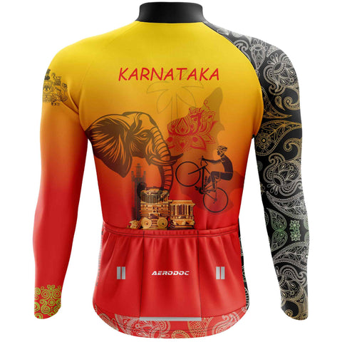 Back view of Aerodoc Karnataka full-sleeve cycling jersey showcasing the Hampi Chariot and other cultural elements.