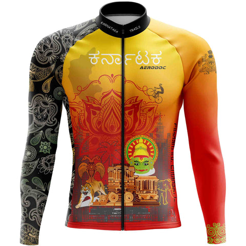 Front and back view of Aerodoc Karnataka full-sleeve cycling jersey with matching bib shorts highlighting cultural artwork