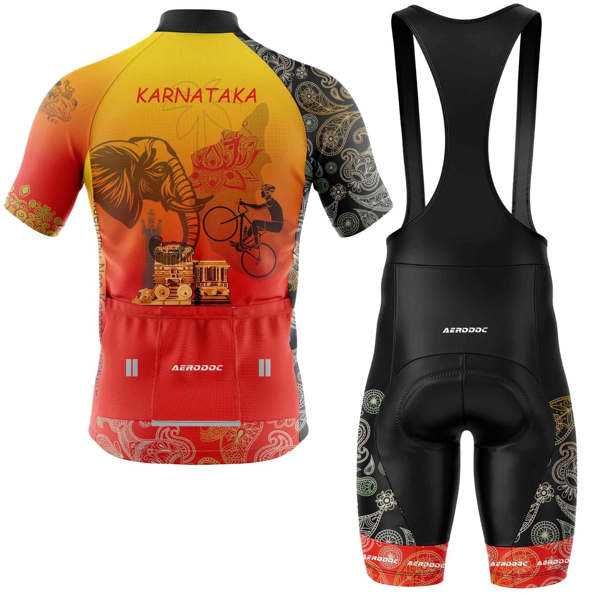 Back view of Aerodoc Karnataka half
-sleeve cycling jersey with non-bib shorts showcasing the Hampi Chariot and other cultural elements.