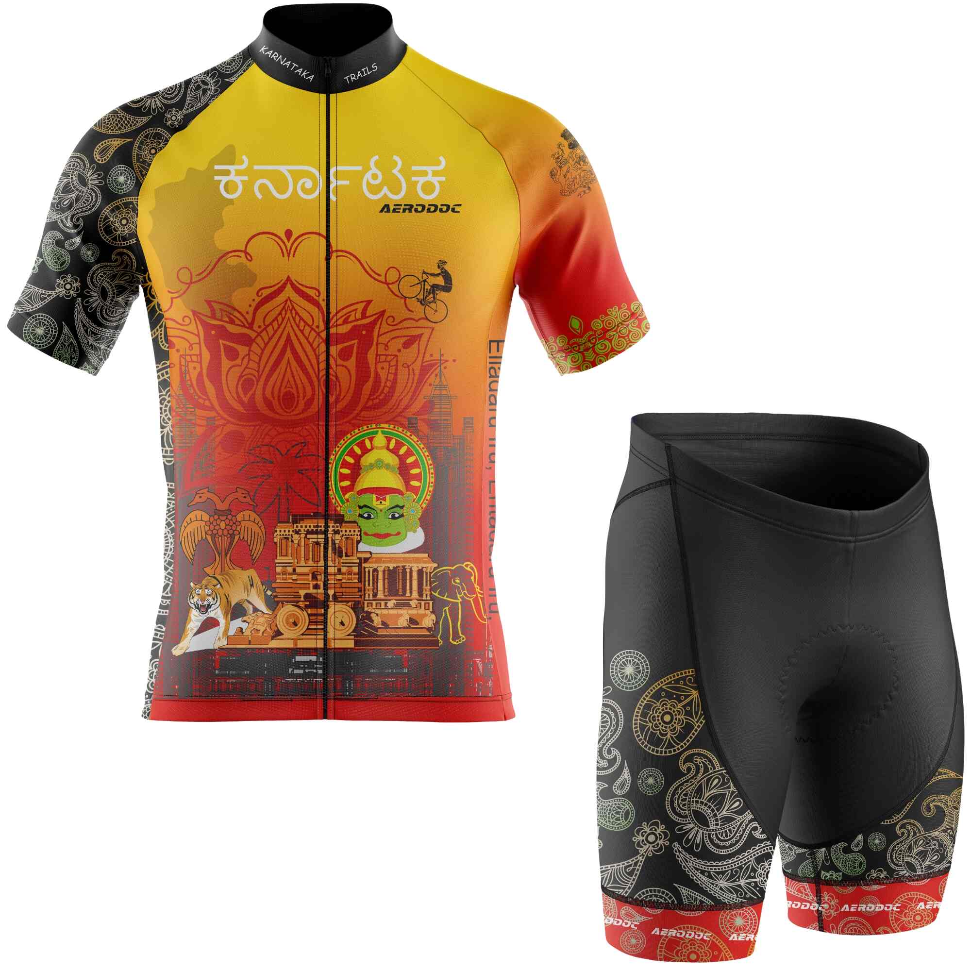 Front and back view of Aerodoc Karnataka cycling jersey and shorts with detailed cultural designs and mandala patterns