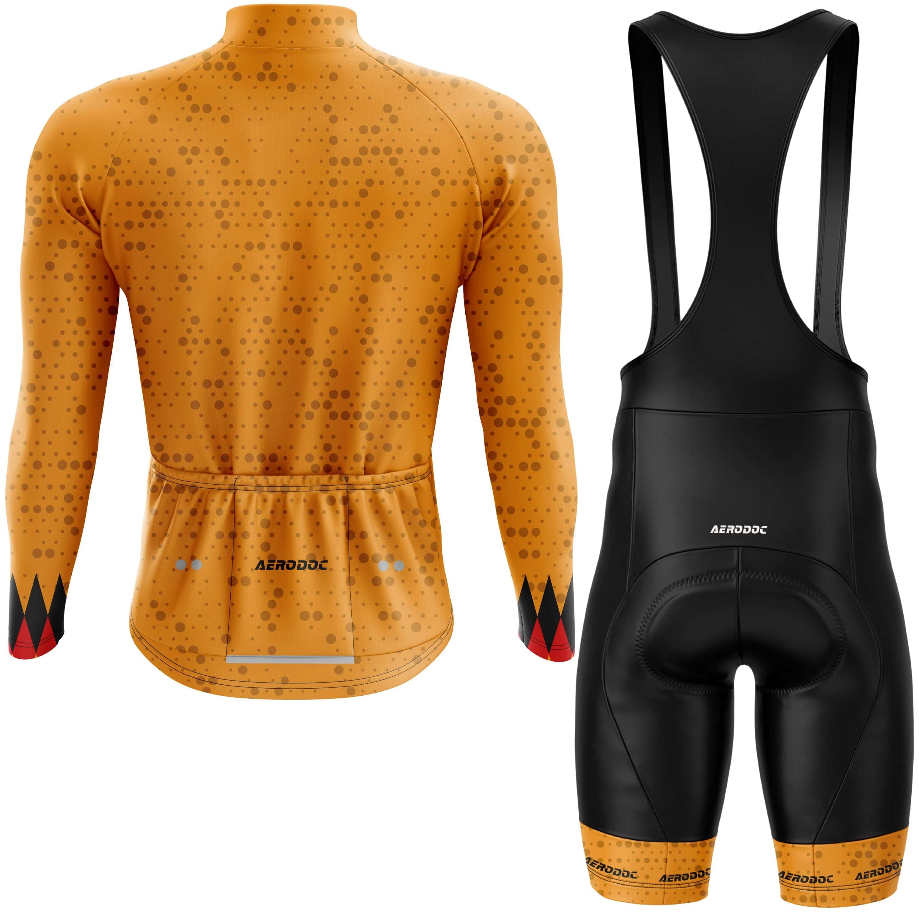 Aerodoc Ochre Diamond cycling jersey back and padded bib shorts