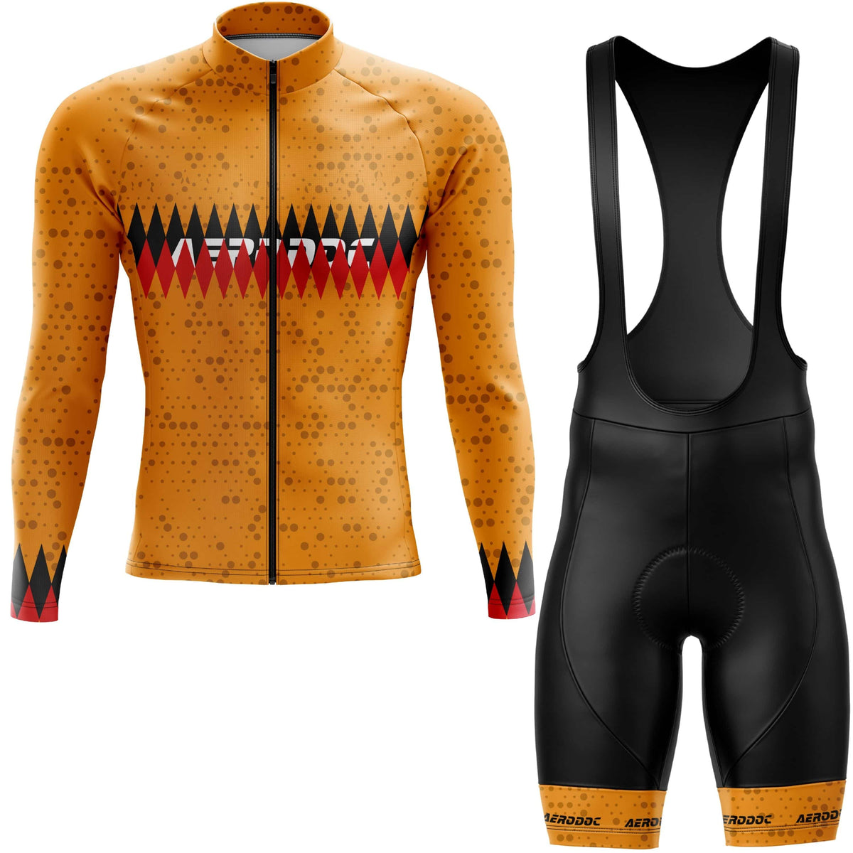 Aerodoc Ochre Diamond cycling jersey and padded bib shorts set front view