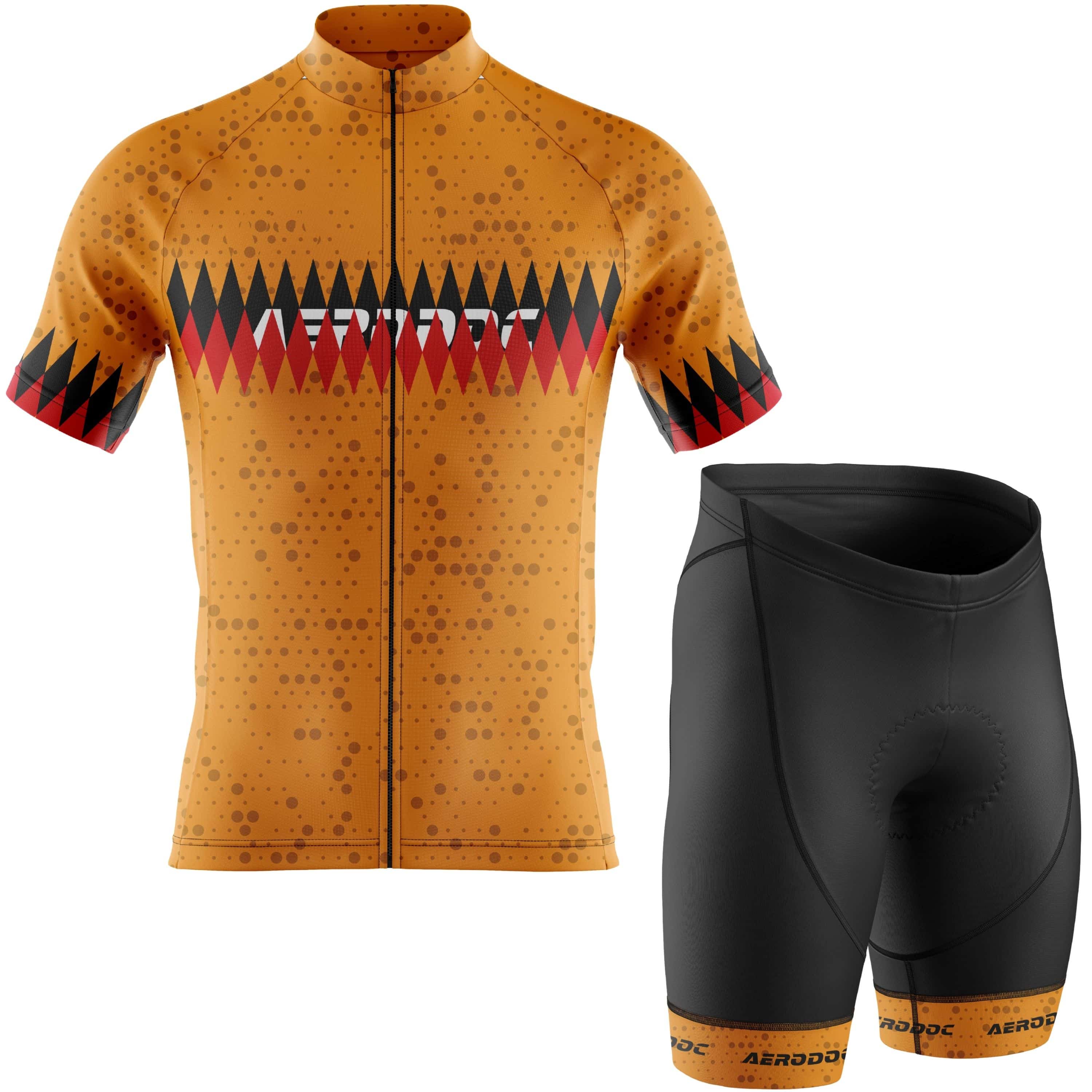 Aerodoc Ochre Diamond cycling jersey with black padded bib shorts