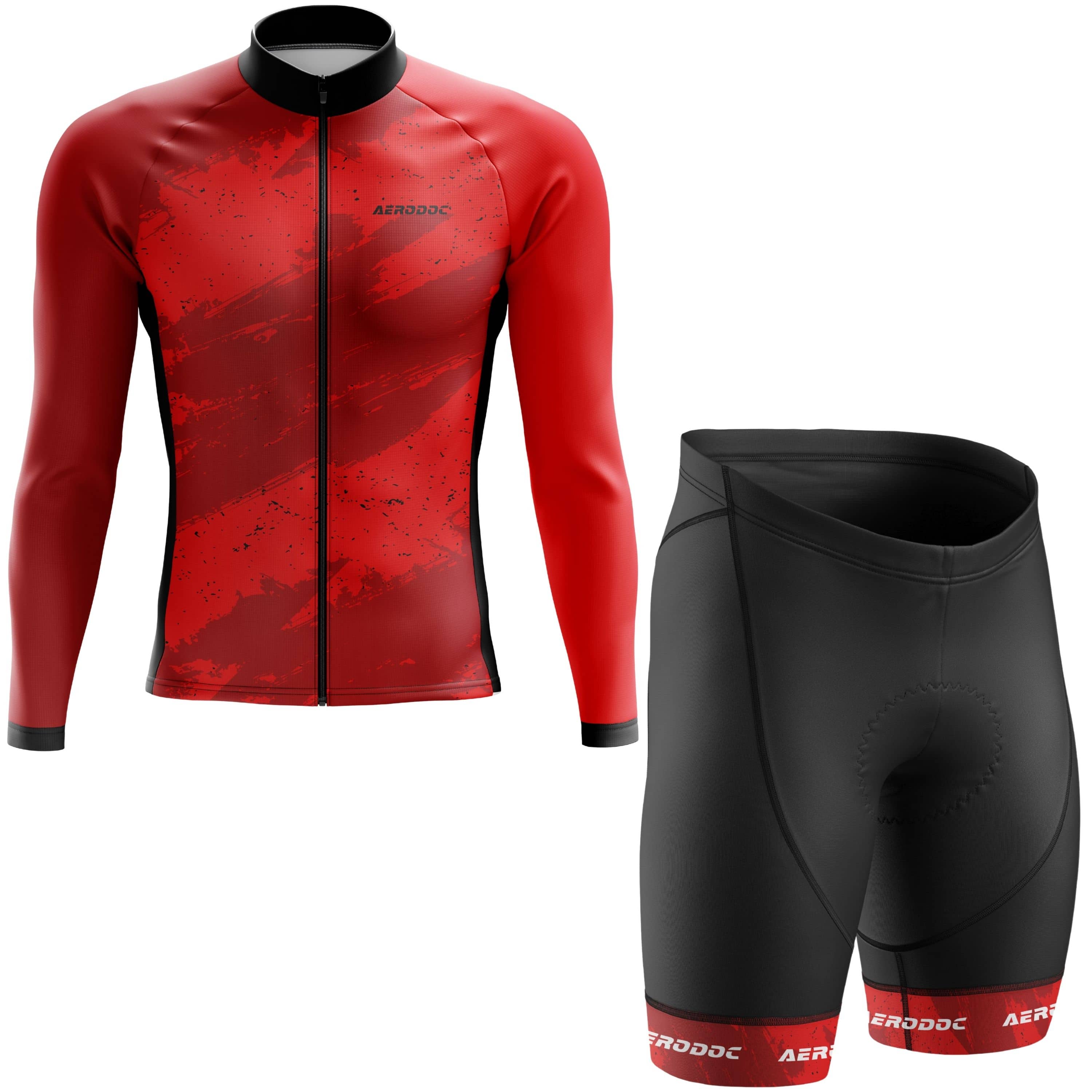 Aerodoc Red Camo-Strike Long Sleeve Jersey and Cycling Shorts Kit Front View