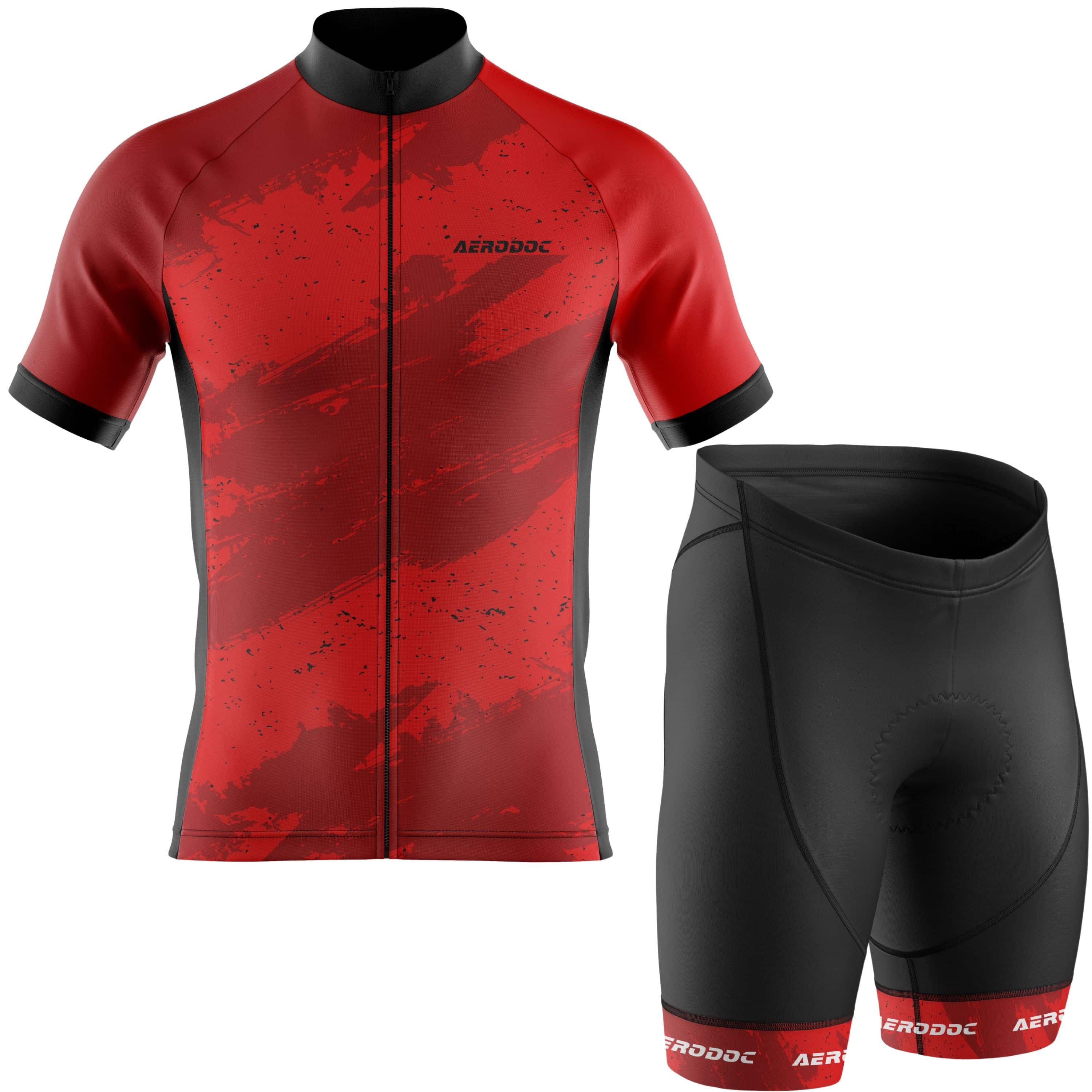 Aerodoc Red Camo-Strike Short Sleeve Jersey and Cycling Shorts Kit Front View