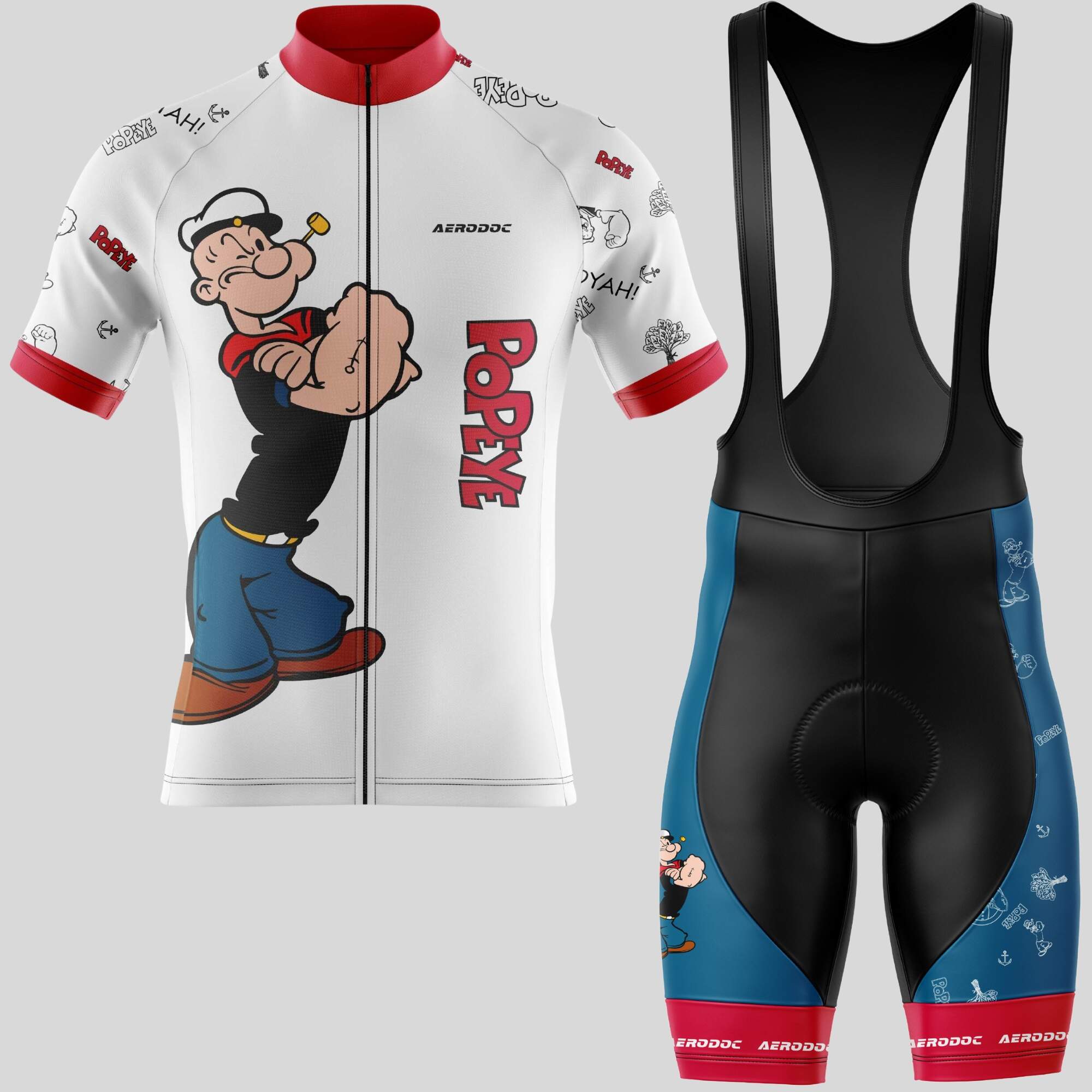 White and Red Half-Sleeve Cycling Jersey  and Bib Shorts Set with Popeye Design, Comfortable for Long Rides