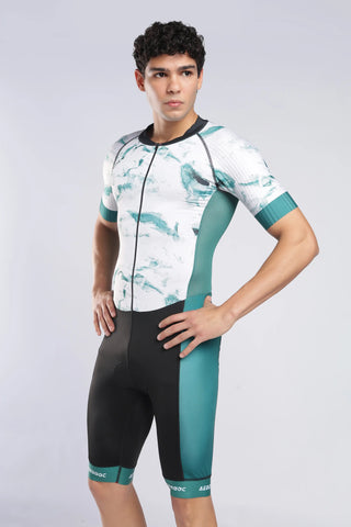 Aerodoc Aquaflow  trisuit onepiece for cycling running and swimming. white and green and black color combination premium fitting trisuit