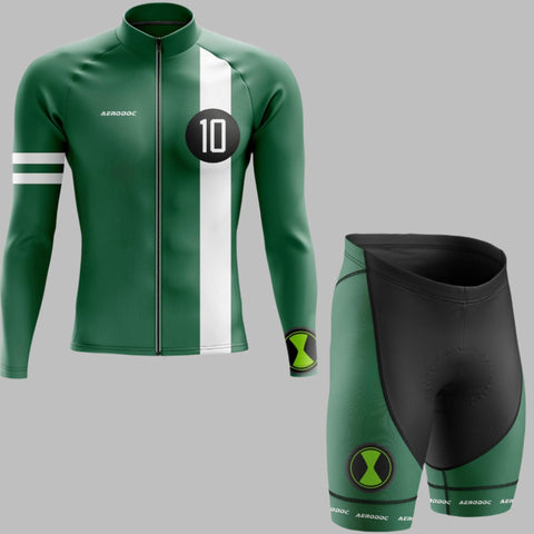 "Aerodoc Champion Sprinter green cycling jersey with black gel-padded bib shorts - flat-lay front view."