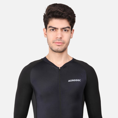 Triathlon suit featuring the Aerodoc logo prominently displayed on the chest, designed with a sleek and aerodynamic fit for professional and amateur athletes.