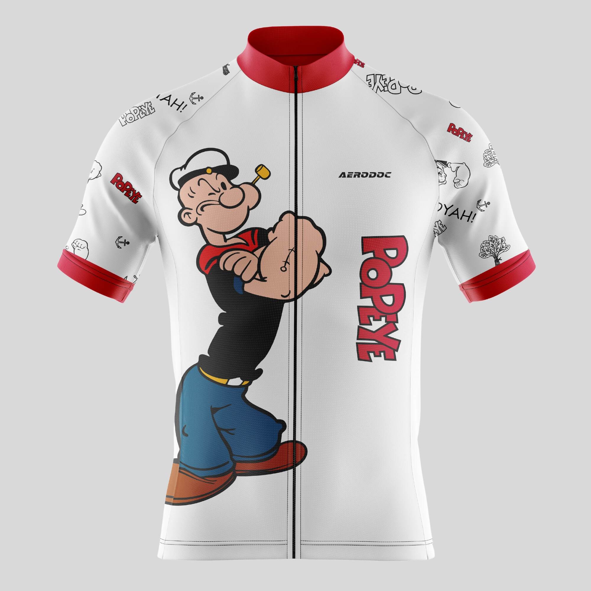 Popeye 2025 Half Sleeve Men's Cycling Jersey in white and red with bold cartoon designs, front view Aerodoc