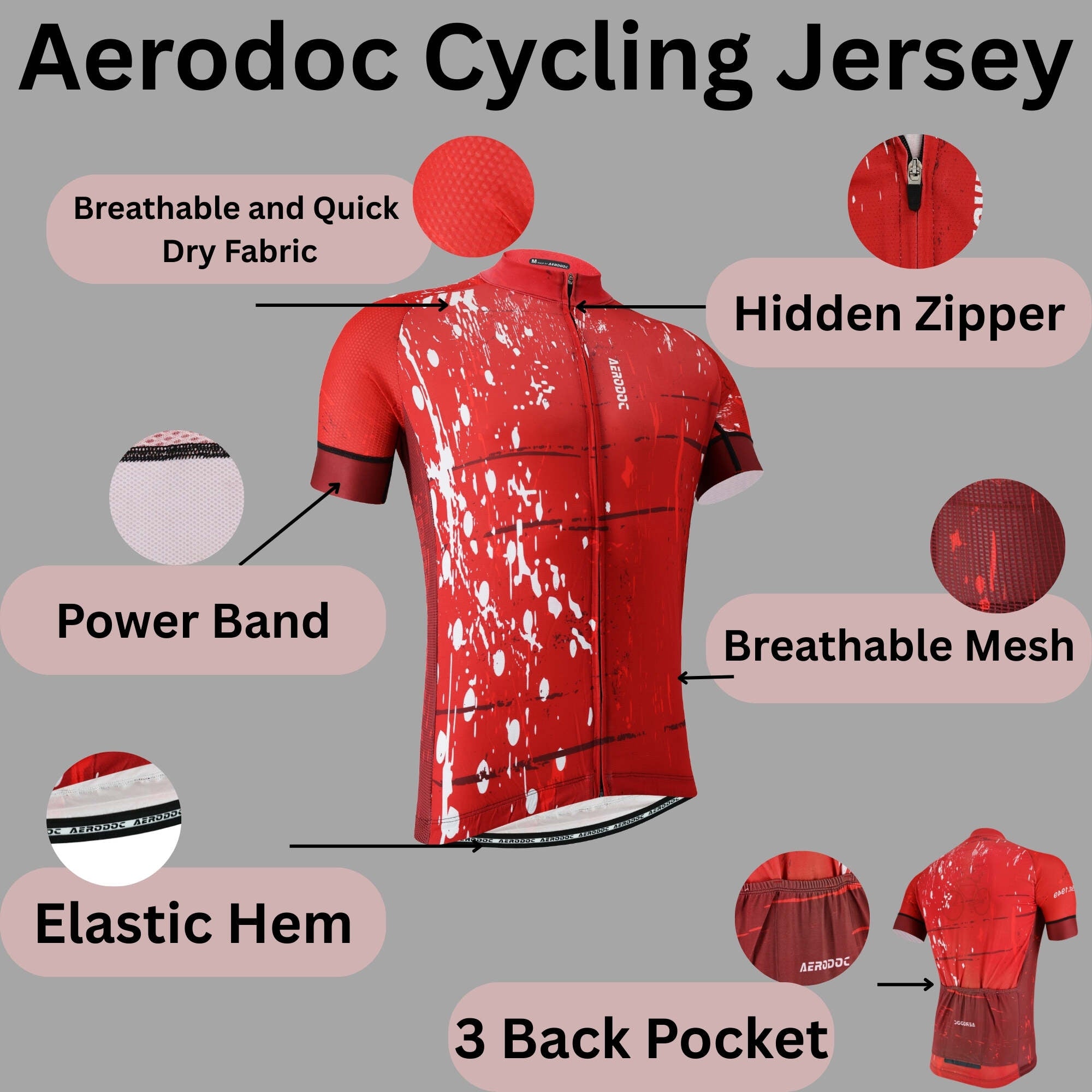 Red cycling jersey with features labeled on a gray background