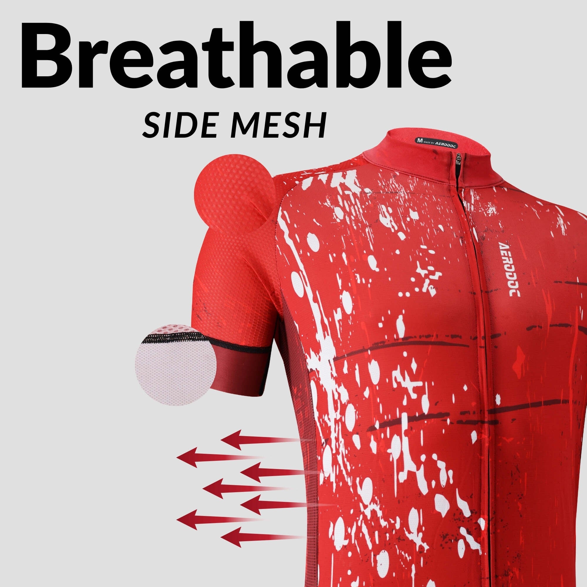 Red cycling jersey with side mesh design on a gray background