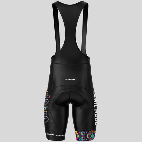 Aerodoc cycling bib shorts featuring Tamil Nadu-themed accents, gel padding, and moisture-wicking material.