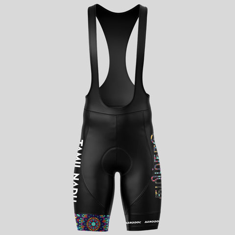 Aerodoc cycling bib shorts featuring Tamil Nadu-themed accents, gel padding, and moisture-wicking material.