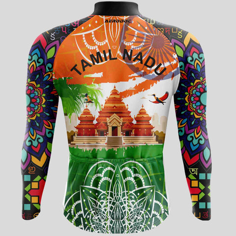 "Tamil Nadu-inspired full-sleeve cycling jersey with cultural temple design, vibrant colors, and premium Aerodoc fabric."
