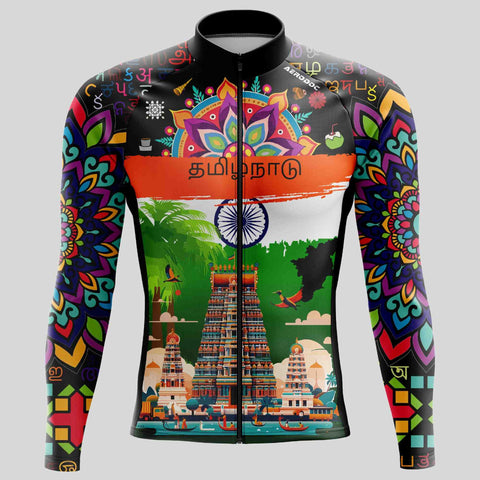 Tamil Nadu-inspired full-sleeve cycling jersey with cultural temple design, vibrant colors, and premium Aerodoc fabric