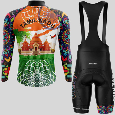 Full-sleeve Tamil Nadu-themed cycling jersey with bib shorts, crafted for long rides.