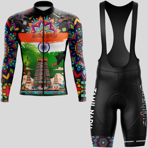 Full-sleeve cycling jersey with Tamil Nadu cultural design paired with matching bib shorts for ultimate performance.