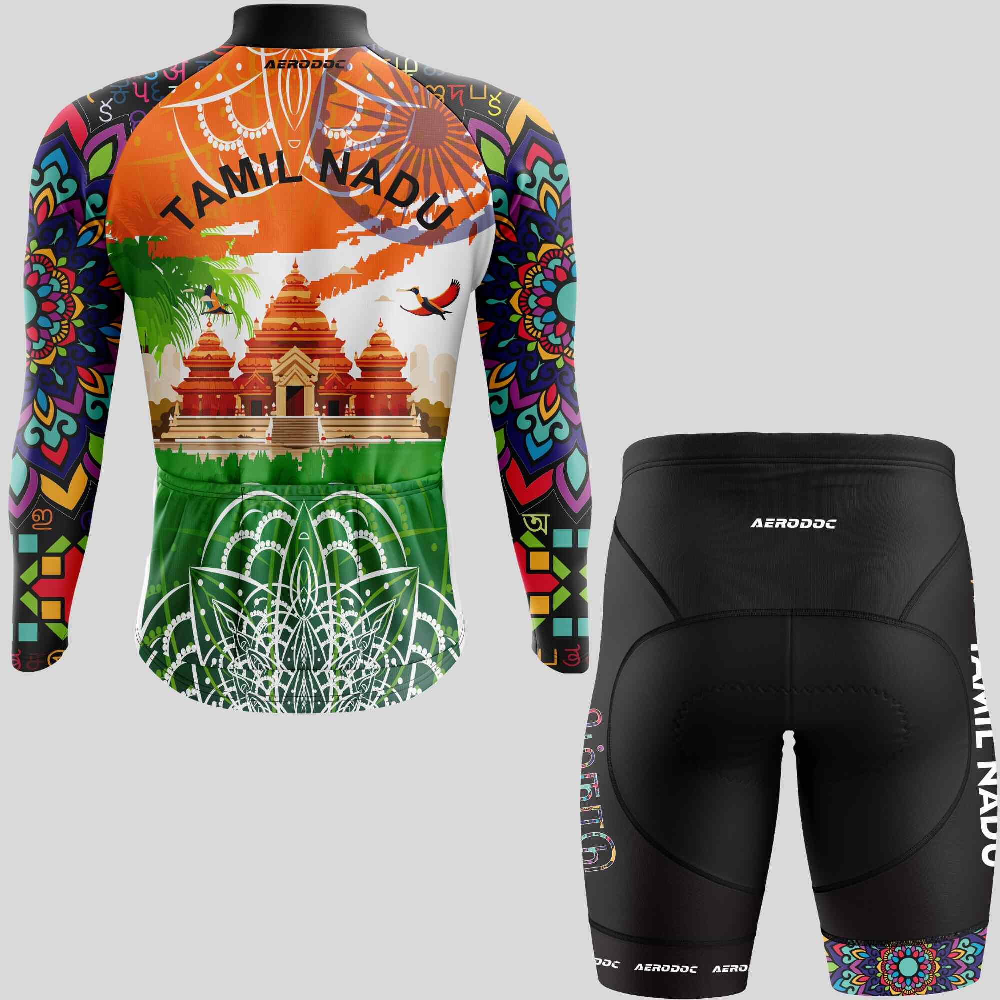 Full-sleeve Tamil Nadu-themed cycling jersey with non-bib shorts, crafted for long rides.