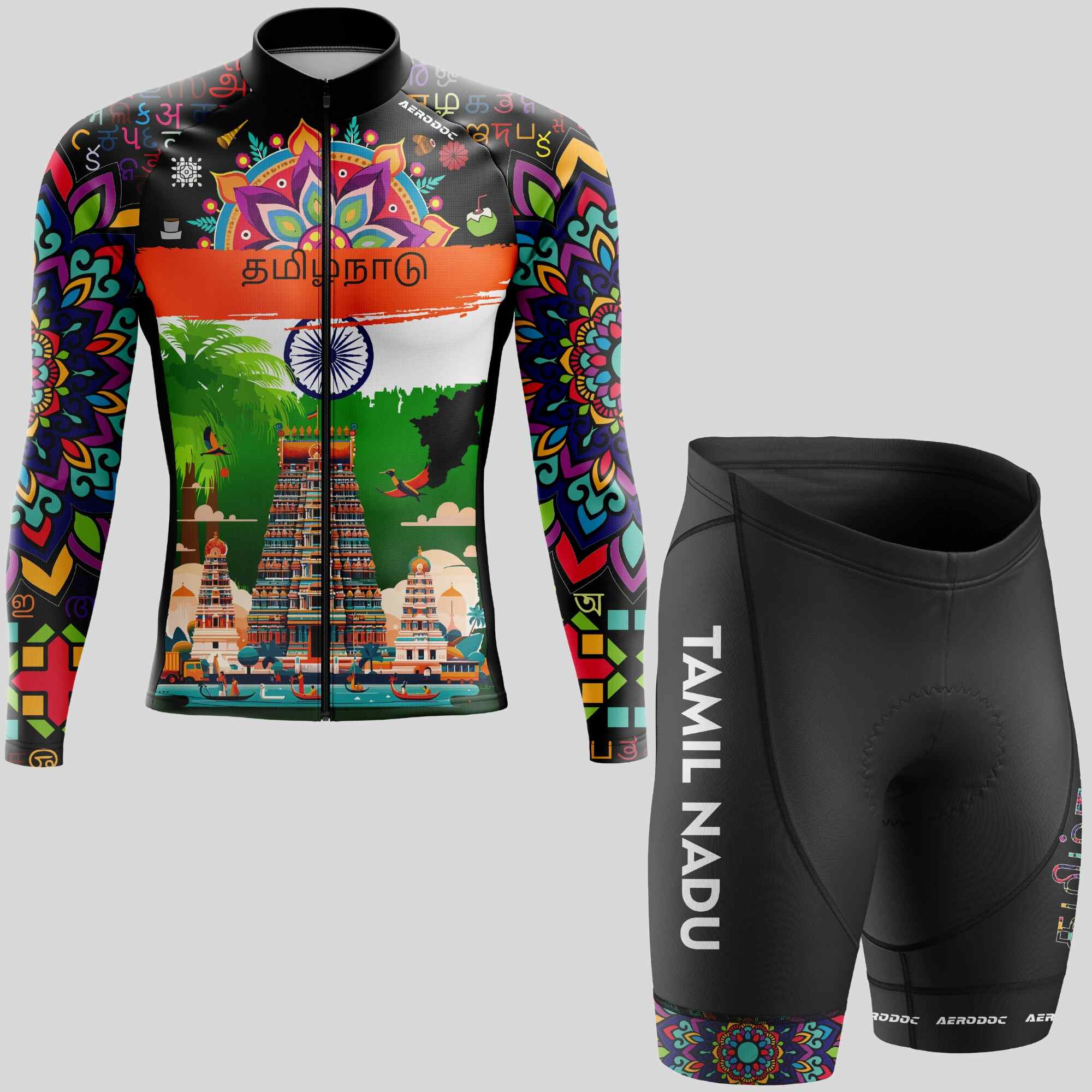 Full-sleeve Tamil Nadu-themed cycling jersey with non-bib shorts, crafted for long rides.