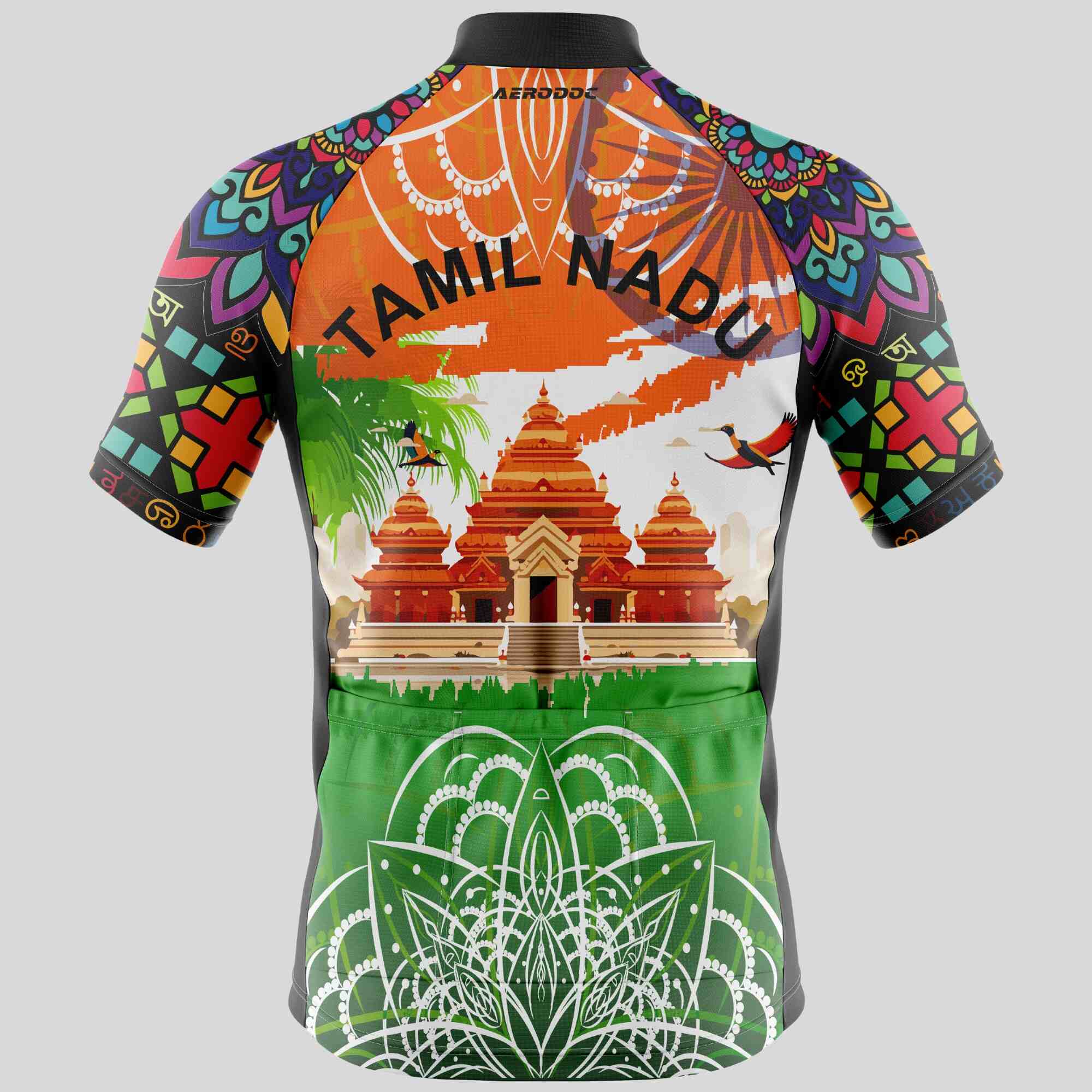 Half-sleeve Tamil Nadu cycling jersey with intricate cultural artwork and breathable fabric for professional cyclists.