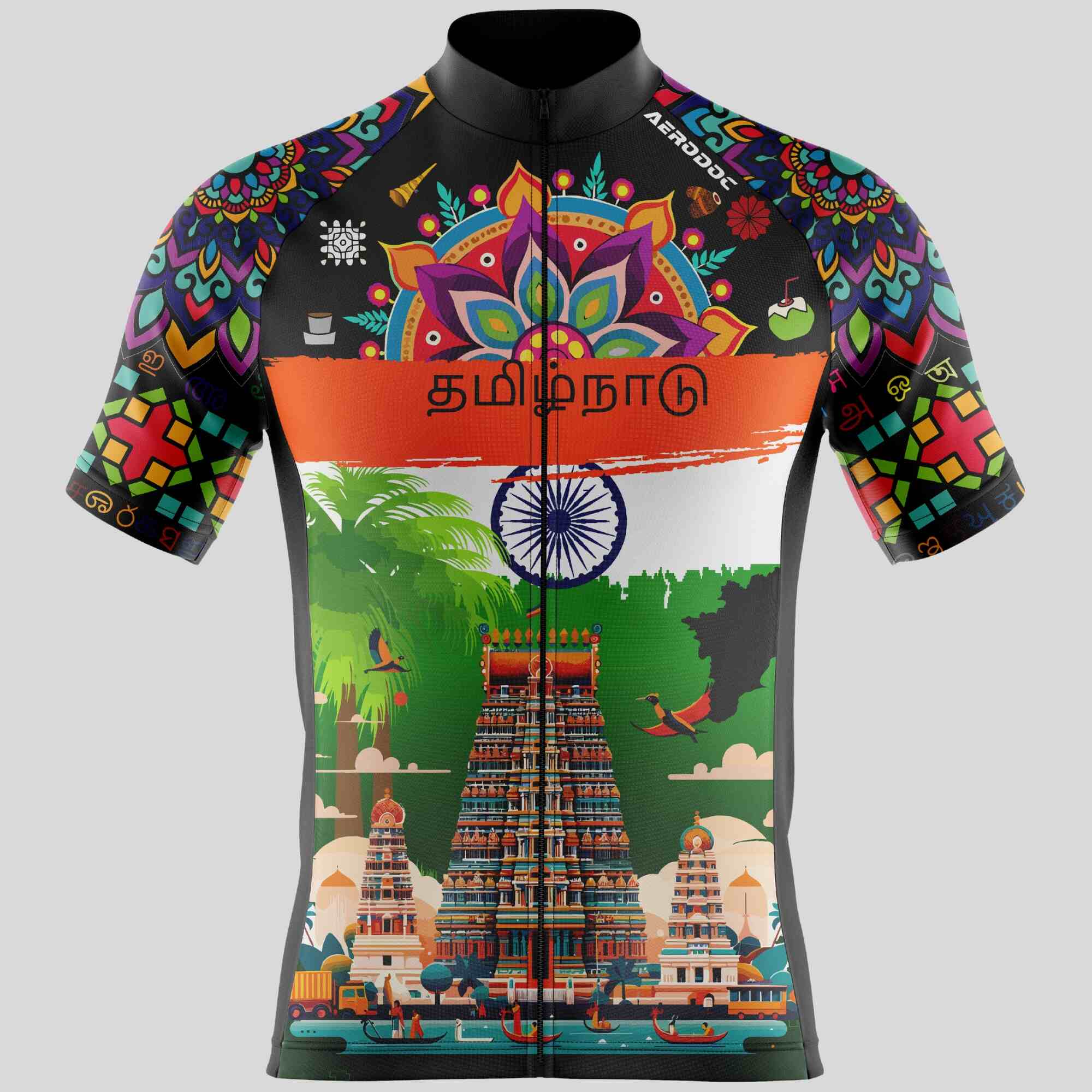 Half-sleeve Tamil Nadu cycling jersey with intricate cultural artwork and breathable fabric for professional cyclists.