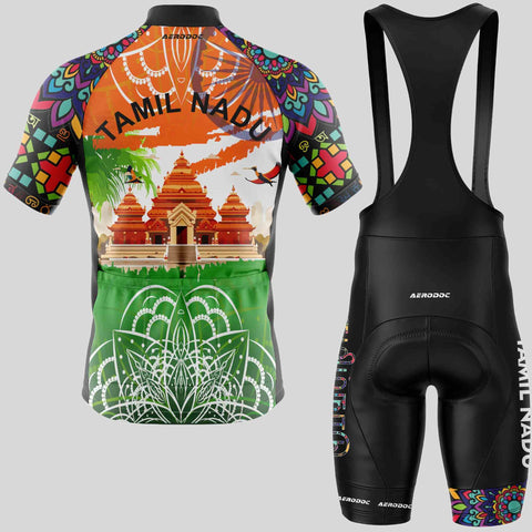 Half-sleeve cycling jersey with Tamil Nadu temple graphics and matching bib shorts for professional cyclists.