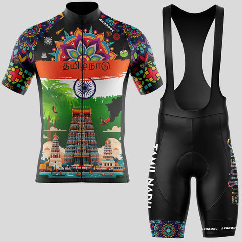 Half-sleeve cycling jersey with Tamil Nadu temple graphics and matching bib shorts for professional cyclists.