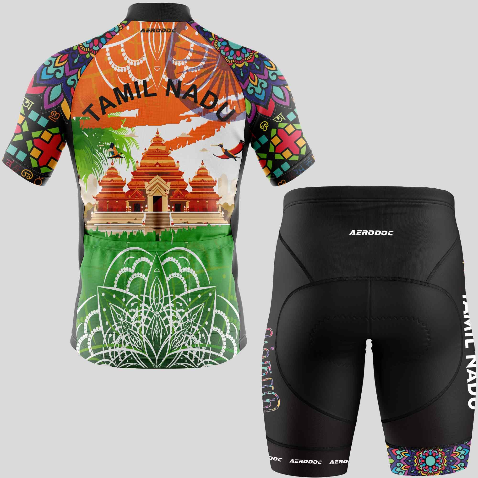 Half-sleeve cycling jersey with Tamil Nadu temple graphics and matching non-bib shorts for professional cyclists.