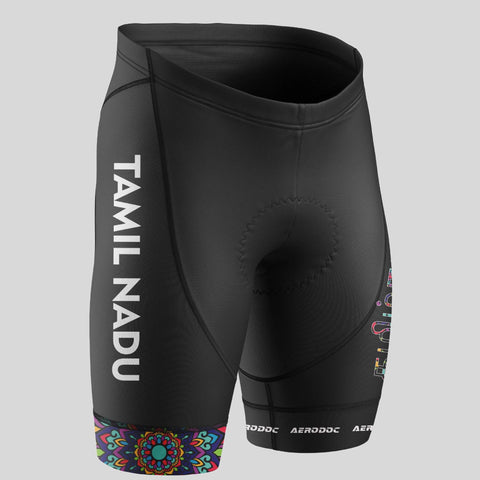 Premium non-bib cycling shorts with Tamil Nadu-inspired vibrant mandala design and comfortable fit.