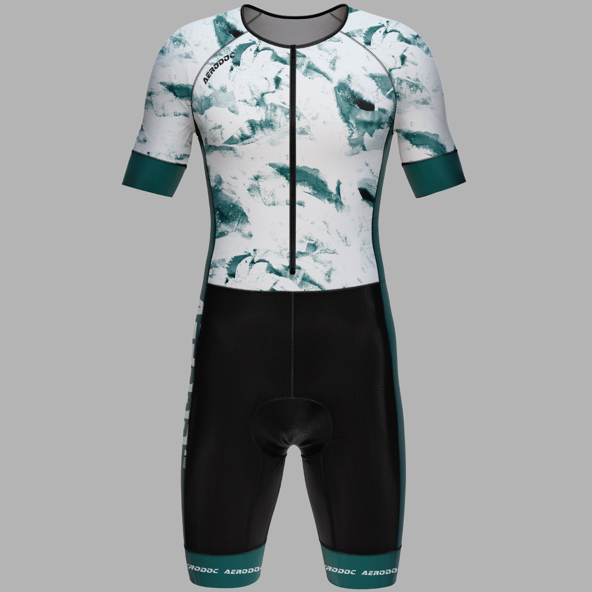 Aerodoc AquaFlow triathlon suit – full front view in aqua wave design