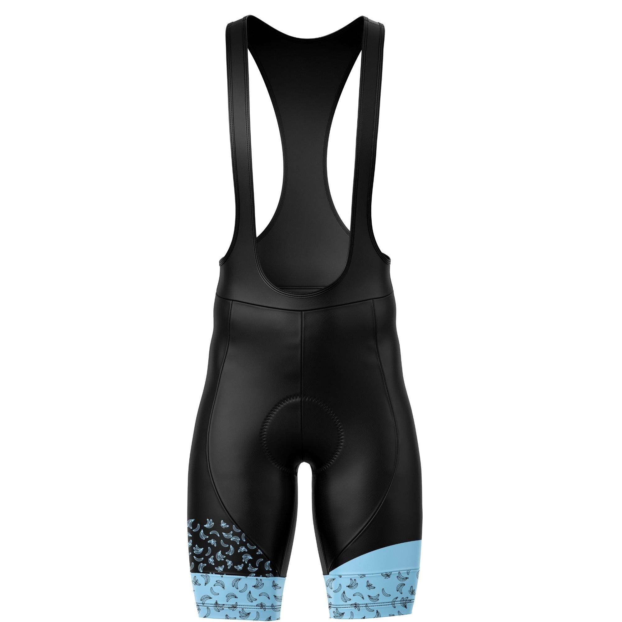 Black cycling bib shorts with blue accents on a white background