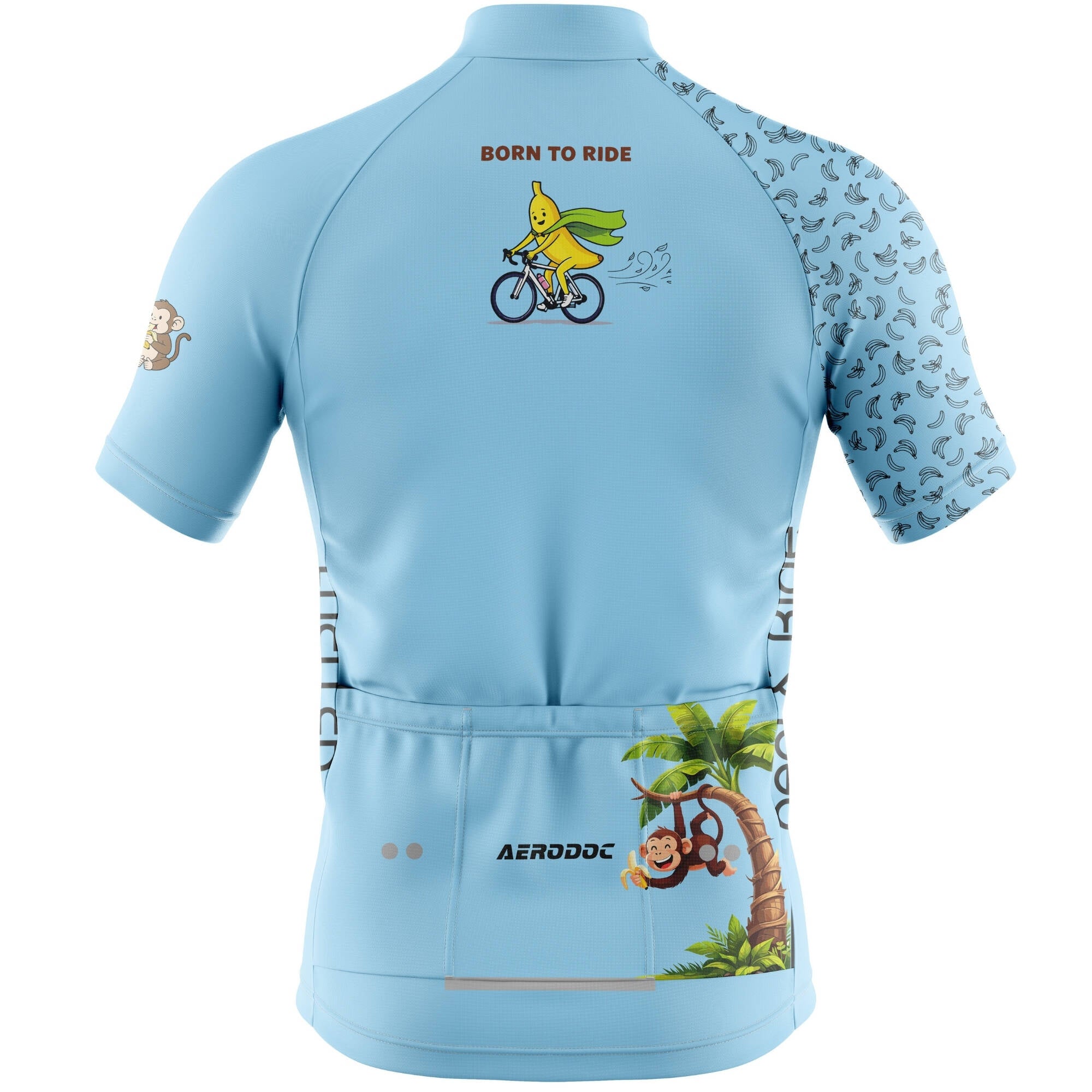 Light blue cycling jersey with cartoon designs and text on a white background