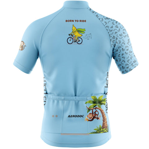 Light blue cycling jersey with cartoon designs and text on a white background