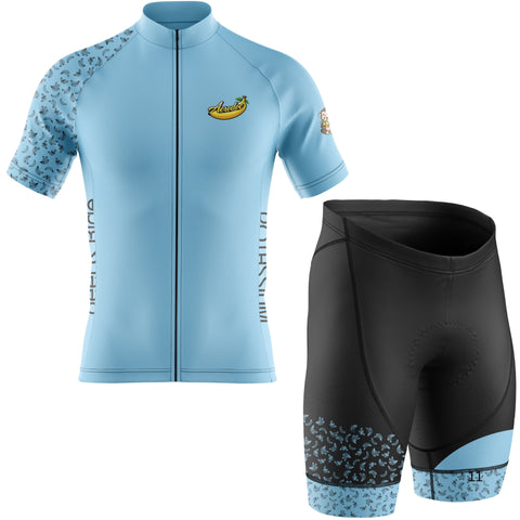 Light blue cycling jersey with black shorts featuring blue patterns on a white background