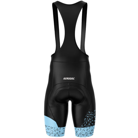 Black cycling bib shorts with blue accents on a white background