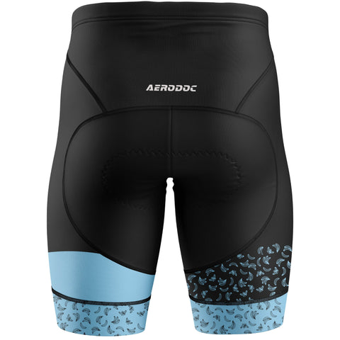 Black cycling shorts with blue accents and 'Aerodoc' branding on a white background