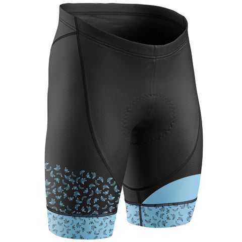 Black and blue cycling shorts with patterned design on a white background