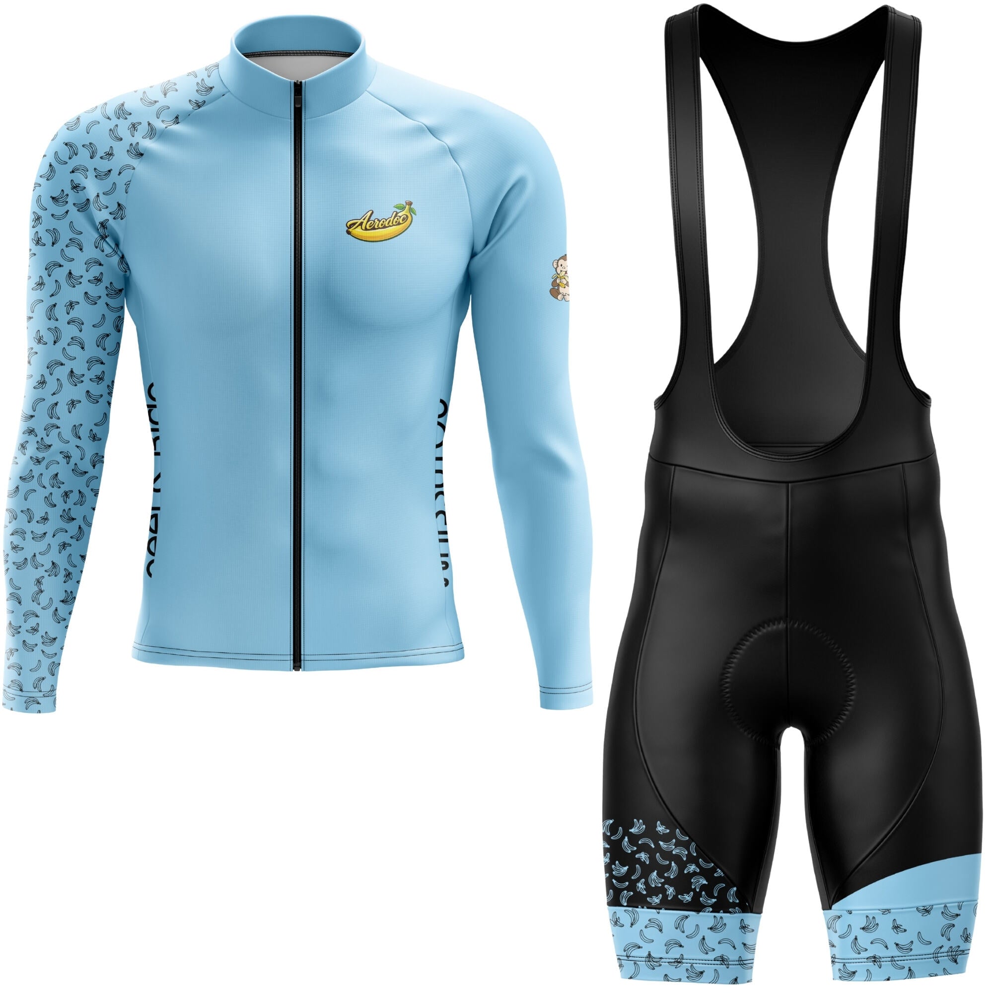 Light blue cycling jersey with black bib shorts on a white background